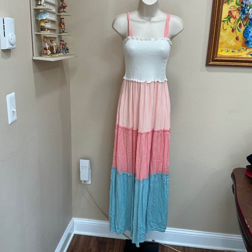 Bebop Maxi Dress S Multicolor Colorblock Tiered Smocked Tie Strap Boho Summer